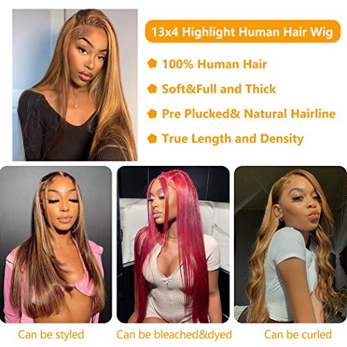 Highlight Ombre Lace Front Wig Human Hair Pre Plucked 13X4 Colored 4/27 Hd Lace Frontal Human Hair Wigs Honey Blonde Straight Lace Front Wigs Human Hair 180% Density Human Hair Wigs For Black Women 18 Inch #TOP1