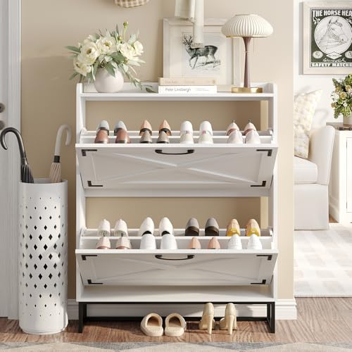Image of Maupvit Shoe Storage Cabinet with 2 Flip Drawers, Freestanding Organizer with Metal Legs for Entryway, Narrow Shoe Rack Cabinet, Black White