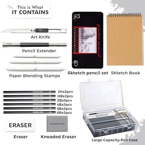 Image of DaKos Professional Sketching Pencil Set for Artists - Art Supplies for Shading & Sketching Complete Drawing Kit with Graphite Pencils in Tin Box, A5 Sketchbook & Carry Case (35 Pcs)
