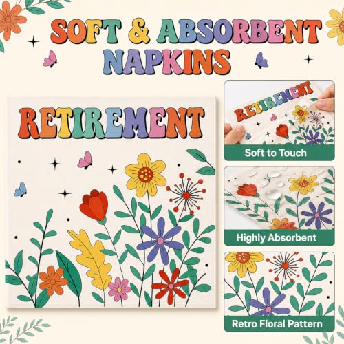 Image of 100 Pcs Flower Retirement Party Plates and Napkins Set Happy Retired Birthday Party Decorations Supplies Paper Dessert Tableware Vintage Farewell Themed Favors for Birthday Decorations Serves 25