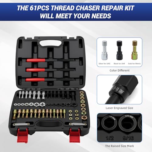 Defabee 61-Piece Thread Repair Kit, Metric/UNC/SAE Thread Chaser Set with Taps, Dies, Files & Pitch Gauge, Rethreading Tool for Auto Mechanics, DIY - Rethread Damaged Screws, Bolts, Nuts by Defabee - Image 3