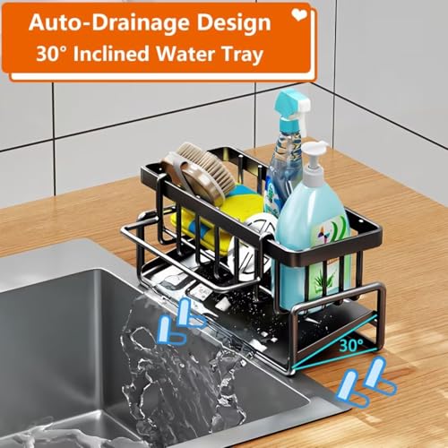 CIT ZCFY Kitchen Sink Caddy Organizers - Stainless Steel Sink Caddy with 30 Tilt Self-Drainage, Dish Brush Holder & Removable Dishcloth Rack - Gray — view 2
