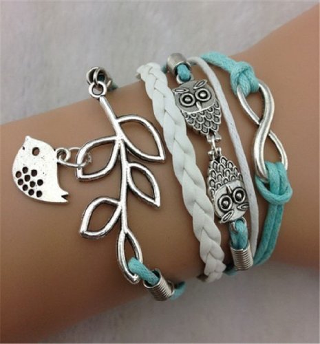 TPT Vintage Handmade Infinity Silver 8 Owl Leaf Bird Leather Bracelet Wristband