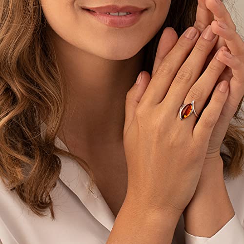 Peora Genuine Baltic Amber Ring For Women In Sterling Silver, Rich Cognac Color, Marquise Shape Elliptical Solitaire, Comfort Fit, Size 8 #TOP1