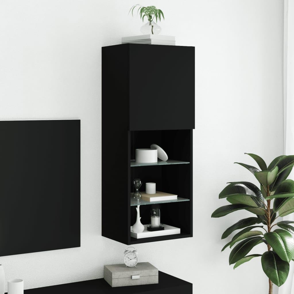 Mueble de TV de Madera con Luces LED, Gran Almacenamiento, Diseño Moderno, Adecuado para Salón y Dormitorio, Negro, 40.5 x 30 x 102 cm