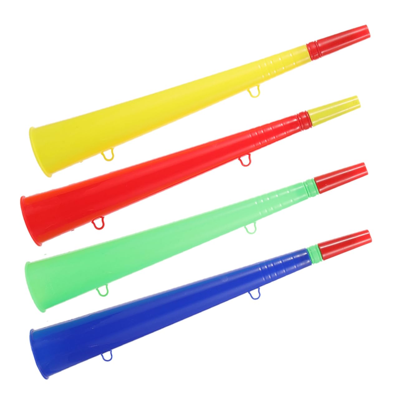 WOONEKY 4Pcs Cheer Horn Plastic Trumpets for Sporting Events Graduation and Parties Lightweight Noisemakers for Team Spirit and Crowd Support Fun Designs