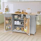 HOLTICO Kitchen Island on Wheels, Kitchen Trolley Storage Islands & Carts with Extendable Rubberwood Worktop, Grey Rolling Kitchen Island Breakfast Bar with Drawers and Spice Rack
