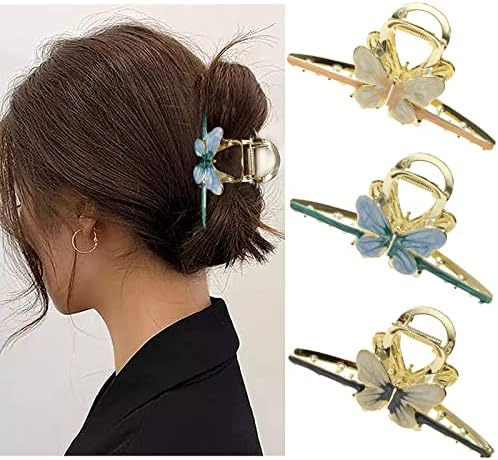 Claw Hair Jaw Clips Barrettes - 3 Pcs No Slip Claw Clip Hair Clamp Grips for Women Girls Jaw Clips Clamp Barrettes (Butterfly(blue+pink+grey))