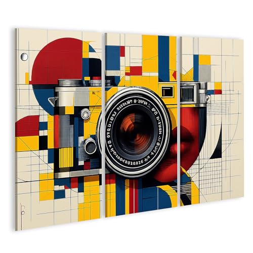 Poster d'art appareil photo et tableau géométrique coloré en 3 pièces