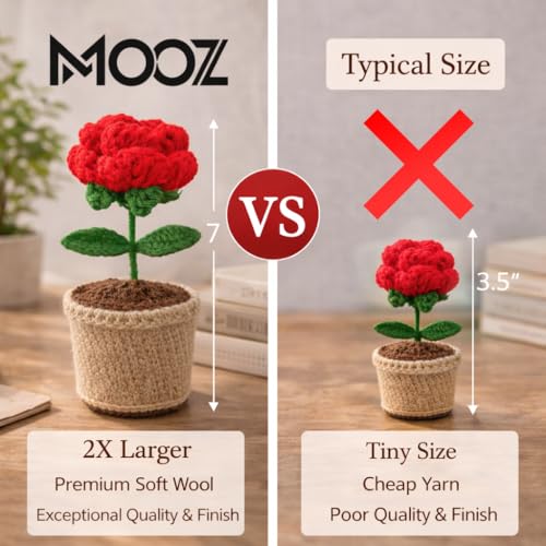 Image of Handcrafted Crochet Flower Pot | 7 Inch Handmade Wool Flower Plant | Premium Soft Yarn Decor | Cute Desk & Home Decoration | Unique Gift for Birthday, Anniversary & Valentine (Red Rose)