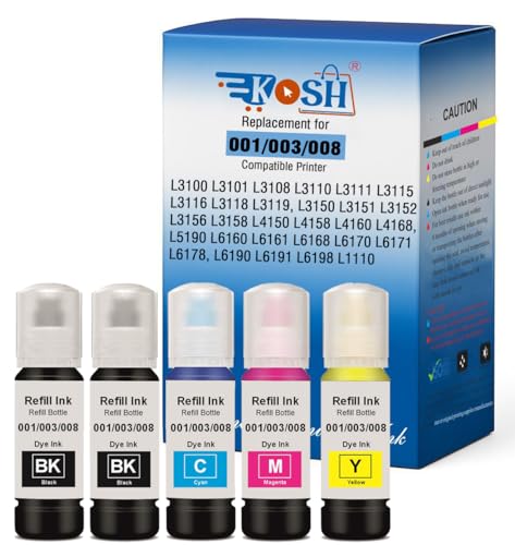 Image of KOSH 003 Refill Ink Compatible for Epson L3110, L3150, L3250, L3252 L3115, L3116, L3101, L3210, L3215, L3216, L3151, L3152, L3156, L5190 Printers (2X Black & Cyan Magenta Yellow)