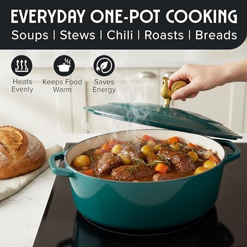 MUELLER HOME 5.5 Quart Enameled Cast Iron Oval Dutch Oven with Rooster Knob and Cotton Potholders, Heavy-Duty Cookware, Oven-Safe up to 500° F & Across All Cooktops, Thanksgiving Essentials, Emerald - Thumbnail 5