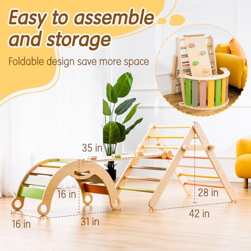 deli 7 in 1 Pikler Triangle Set, Large Size Toddler Climbing Triangle Set, Wooden Baby Jungle Gym Indoor, Foldable Montessori Climbing Set with Ramp, Arch & Climbing Triangle - Thumbnail 5
