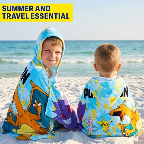 Pokemon Handtücher Badeponcho Kinder mit Kapuze Kuschelig und Saugstark Pikachu Strandtuch Baumwolle Poncho Badetuch Jungen und Mädchen (Blau, 6-14 Jahre)