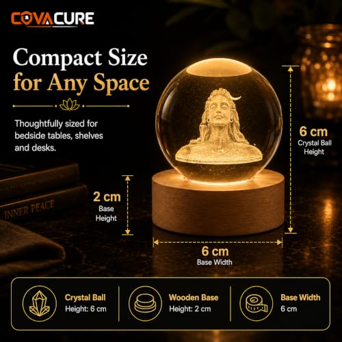 Image of COVACURE 3D Shiv Crystal Ball Night Lamp, Solar System, USB Table Colorful LED Wooden Base Crystal Ball for Home Decoration Birthday Gift for Teens Boys and Girls (Adiyogi)
