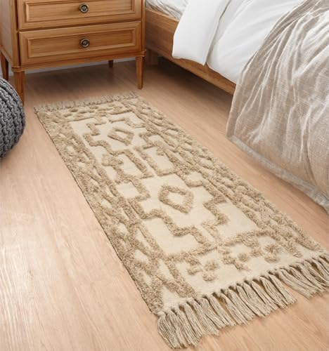 Uphome Kitchen Runner Rug 2' x 4.3', Washable Woven Cotton Bathroom Rug Runners, Khaki Geometric Tufted Entryway Runner Rugs, Bohemian Tribal Throw Rugs for Laundry Room Porch Bedroom