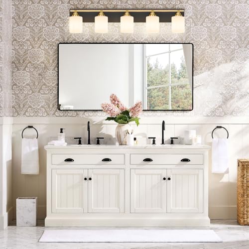 Image of Modern Bathroom Lighting Fixtures Over Mirror, Vanity Lights for Bathroom, Wall Sconces with Milky White Glass Shades, E26 Ceramic Socket, 5-Light 35.4-inch Black and Gold
