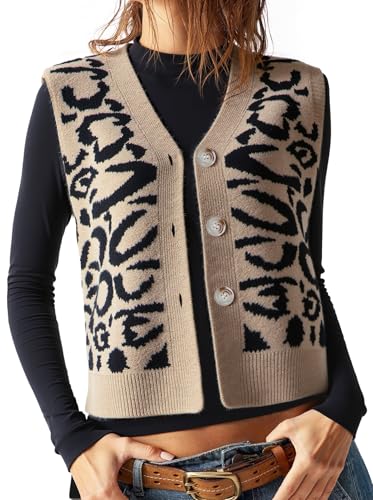 Women's Leopard Knit Sweater Vest – Button Down Sleeveless V Neck Vintage Animal Print Fall Layering Top