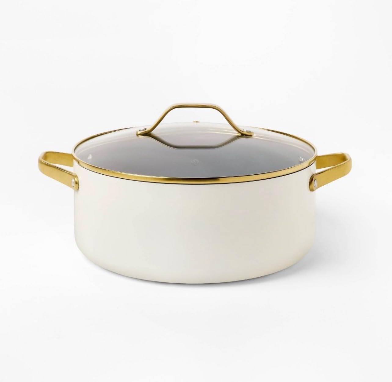 8 Quart Nonstick Ceramic Coated Aluminum Wide Stock Pot with Glass Lid, Cream and Gold