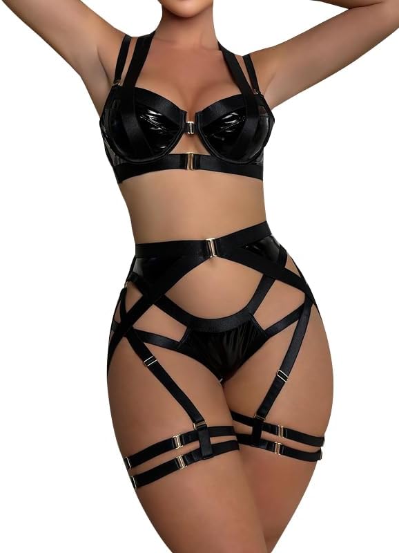 Lilosy Sexy Strappy Underwire Push Up Garter Belt Lingerie Set Harness Cutout Outfits Matching Bra Panty 3 Piece - Image 2