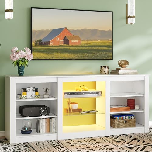 WLIVE Modern TV Stand for 65 Inch TV, Entertainment Center with Adjustable Open Shelves & RGB LED Lights, Sturdy Media Console for Living Room, Bedroom,Gaming (White)