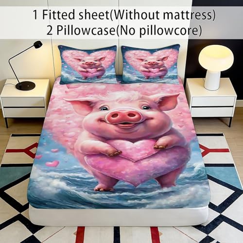 Drap housse cochon rose 90x200cm en microfibre 3D pour lit une place - 3