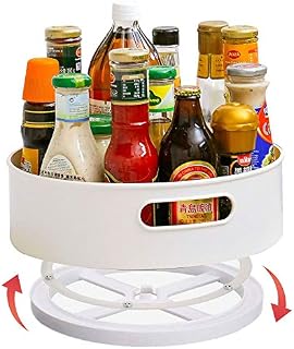 Lazy Susan Turntable Φ22.5cm x H6.4cm Condiment Holder, Plastic Revolving Condiments Rotating Spice Rack, Kitchen Storage Unit for Cooking Oil, Ingredients, Bottles and Jars, White (Small)