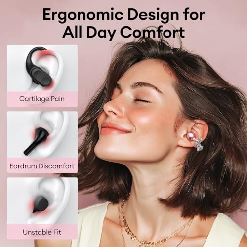 Image of PAXA Stylish Open Ear Clip On Earbuds with Removable Butterfly Earring, Clip On Headphones with LCD Touch Screen, Fashionables Open Ear Headphones for Women, Bow Tie Earring Rose Gold Earbuds M100