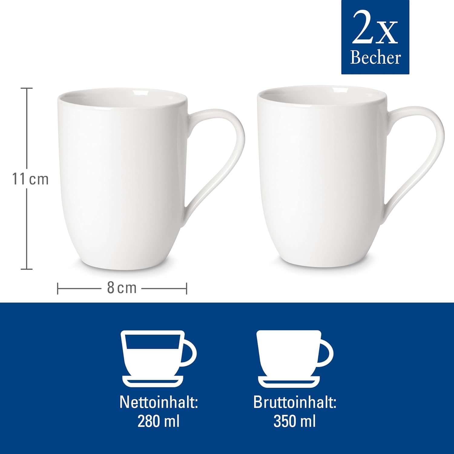 Villeroy & Boch For Me Lot de 6 tasses à anse 290 ml blanc, passent au lave-vaisselle, au micro-ondes, tasses à café pour 6 personnes, tasses à café, grandes tasses, vaisselle, porcelaine de qualité