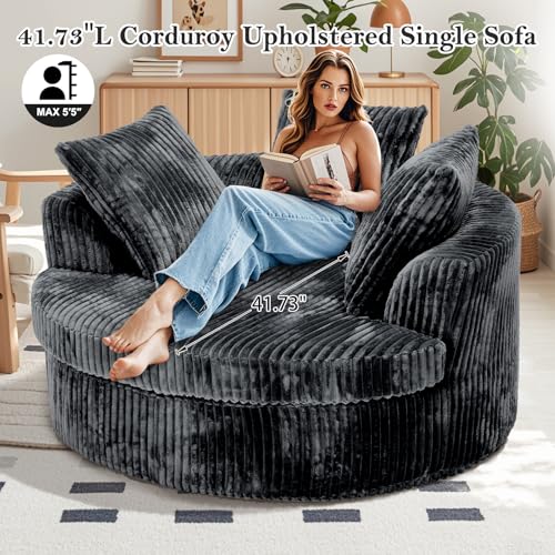 Image of 59 Inch Oversized Chaise Lounge Chair Indoor, Round Corduroy Chaise Lounge Sofa Bed with Throw Pillows and Backrest, Plush Sleeper Chair Bed for Living Room Bedroom,No Assembly Required