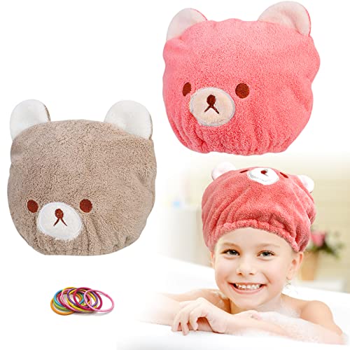 SwirlColor Hair Towel Wrap Hat for Kids, 2 Pcs Cute Cartoon Bear Microfibre Hair Towel Wrap Super Absorbent Quick Drying Turban Cap Pink and Camel Bath Towel Wrap for Kids Girls