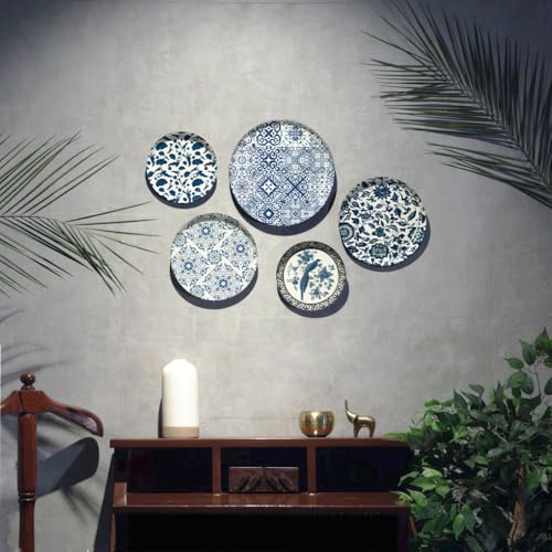 Image of Blue Sapphire Moroccan Wall Plates - Set of 5 Decorative Metal Plates Inspired by Delft Art & Pottery | Elegant Wall Decor for Living Room, Bedroom & Office