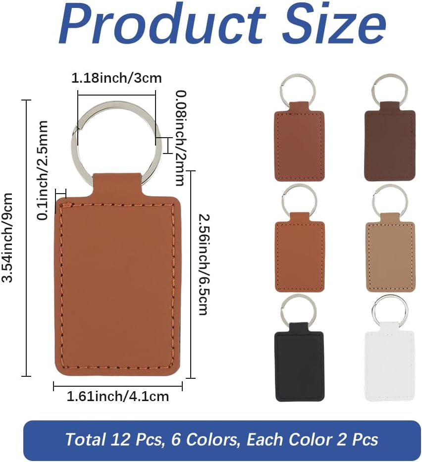 12Pcs 6 Colors PU Leather Keychain Blanks Rectangular Leather Key Fob Kit Key Chain Blank with Metal Keyring Ornament Pendants for Stamping Engraving DIY Crafts Making Working image 2