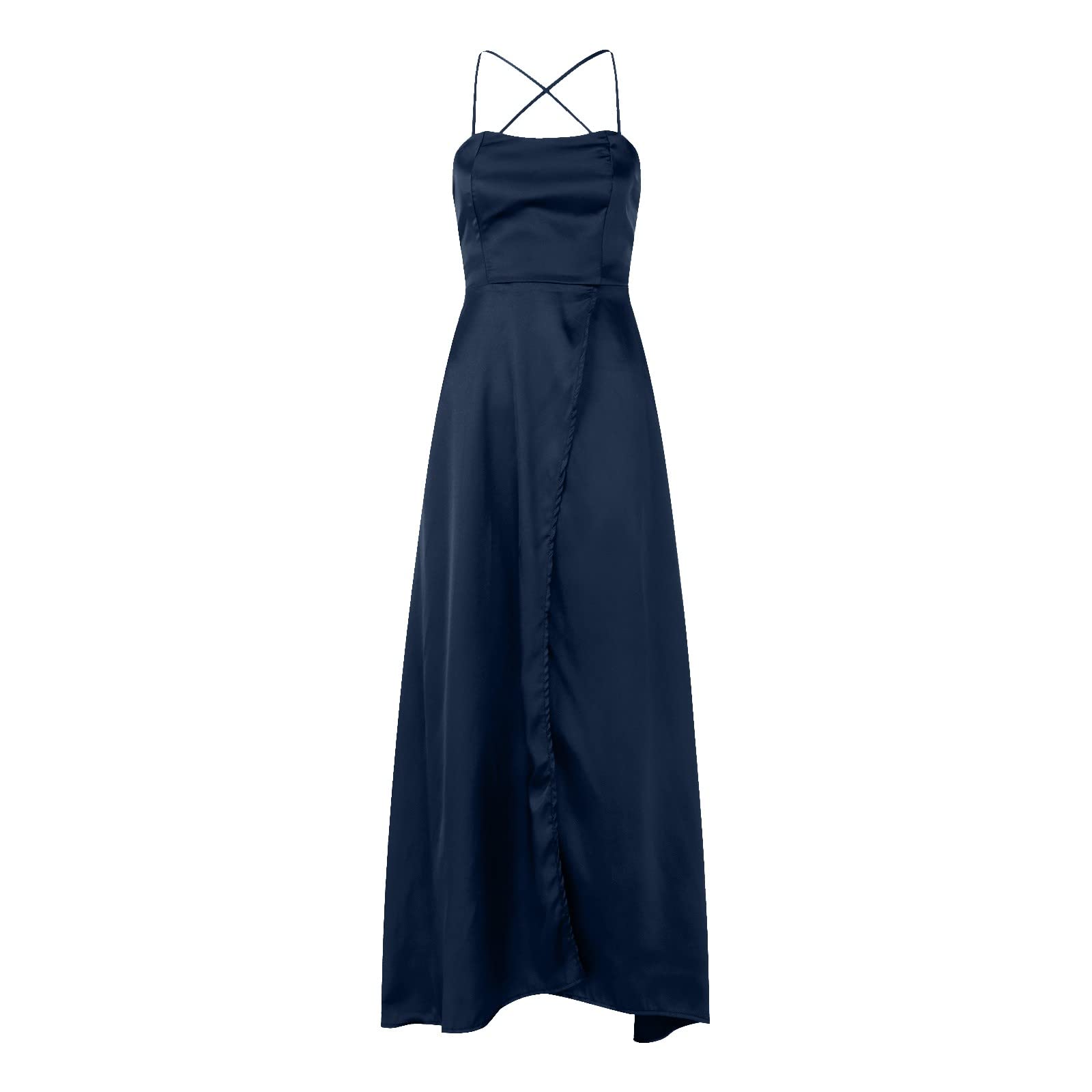 Damen Spaghetti Straps Satin Prom Dresses A-Linie Seitenschlitz Ballkleider Hochzeit Abendparty Kleid mit Taschen