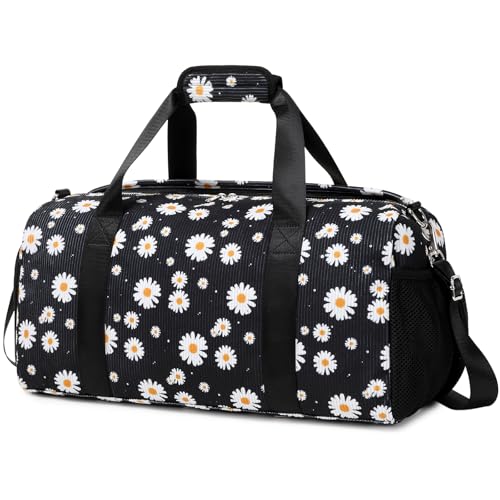 Dance Bag for Girls Gym Bag Sports Duffle Bag with Shoes Compartment Wet Pocket Weekender Overnight Bag for Girls Women Teens Corduroy Daisy Travel Duffle Bag