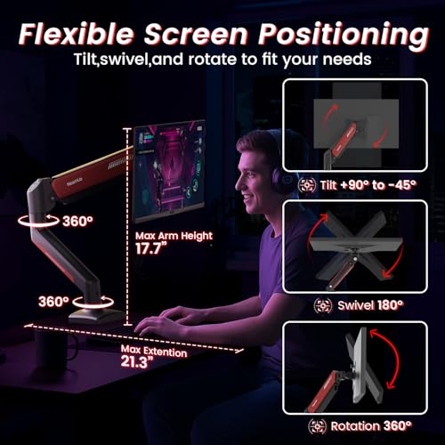 Image of NearHub Gaming Monitor Mount for Computer Screen 13-32 inch and up to 22 lbs,360 Rotation,+90 to -45 Tilt,180 Swivel,with C Clamp and Grommet Base,Integrated Cable Management,75x75 /100x100 VESA,RED