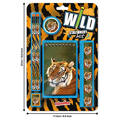 Wild Stationery Set - Tiger von Deluxebase. Diese niedlichen Stationären Schulsets für Jungen enthalten 2 Bleistifte, Radiergummi, Spitzer, Lineal und Notizbuch