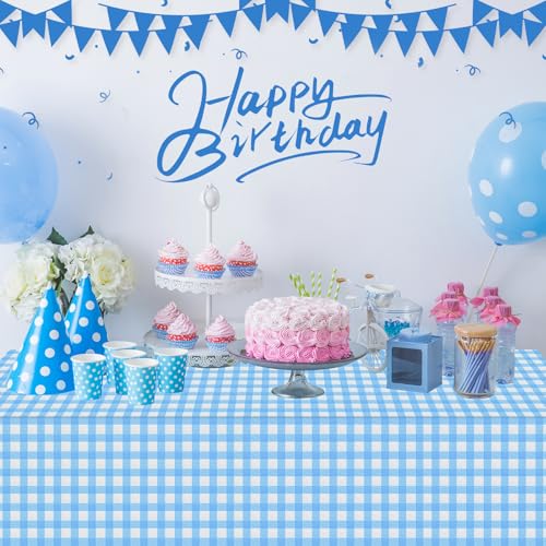 Image of 3Pack Light Blue and White Plastic Checkered Tablecloth, Premium Decorative Disposable Light Blue Gingham Plaid Tablecloth for Party, Rectangle Party Table Cover for Picnic Farm Birthday, 54x108 Inch
