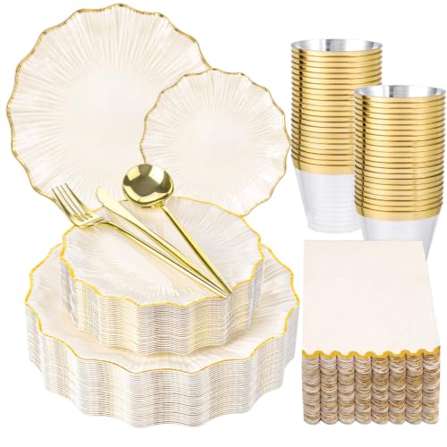 175 PCS Plastic Dinnerware Set, Ivory and Gold Plastic Plates for 25 Guests