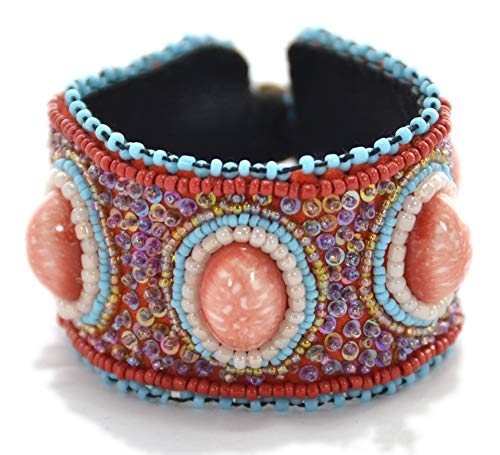 Bracelet rouge en cuir plat avec porcelaine artisanale et billes de verre chic