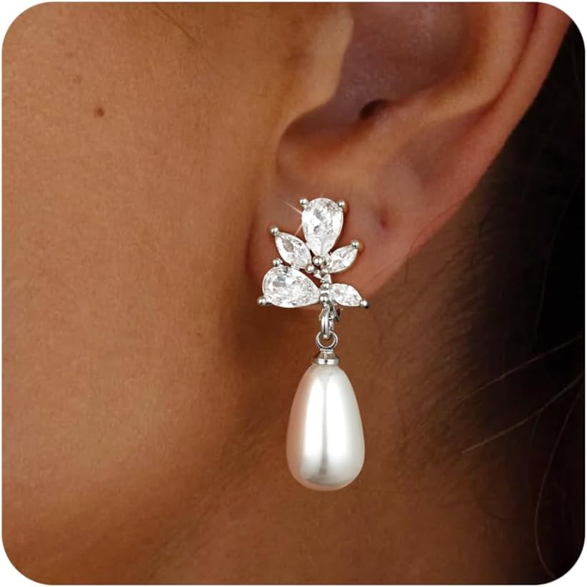 Pearl Clip on Earrings for Women 14K Gold/Silver Plated Pearl Earrings Cubic Zirconia Non Pierced Earrings for Women Jewelry Gifts Wedding Party Fashion Trendy Jewelry Gifts