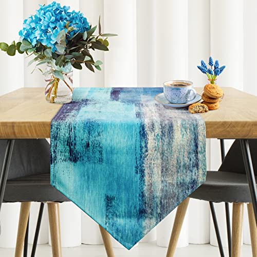 Turquoise And Grey Table Runner,Teal Abstract Modern Art Burlap Table Runners For Table Dresser Runner Farmhouse Style For Dinner Party Holidays Home Decoration #TOP1