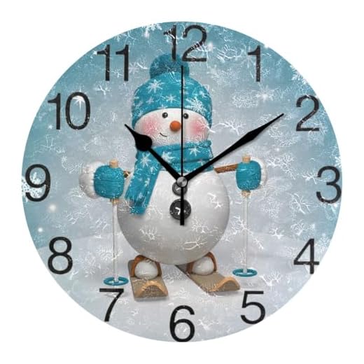 senya Christmas Cartoon Snowman Design Round Wall Clock, Silent Non Ticking Oil Painting Decorative for Home Office School Clock Art