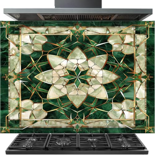 Tempered Glass Backsplash for Kitchen, Emerald Lotus Mandala Glass Backsplash, Easy to Clean Custom Stove Backsplash, Heat & Scratch Resistant Kitchen Backsplash, Multi-Mount Mandala Backsplash