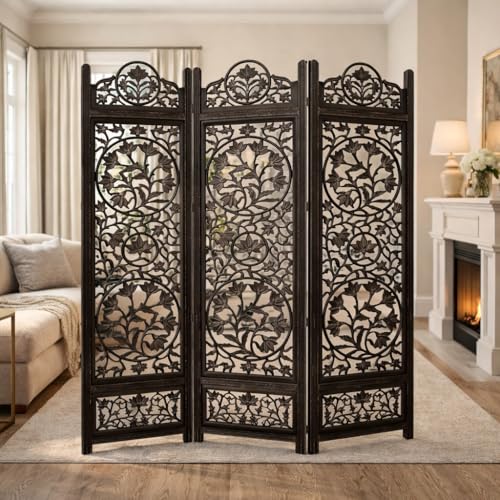 Image of Wooden Room Divider Decorative Foldable Privacy Screen Hand Carved Partition for Living Room Bedroom Office Decor (6 Feet 4 Panel Dark Brown Each Panel Size 72X20 Inch)