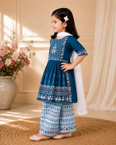 Image of Girls Embroidered Printed Kurta with Printed Palazzo Set, Ethnic Wear, 3-Piece