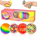 Pipihome 4 Pack Stress Balls Fidget Toys for Adults and Kids, Squeeze Squishy Toys Stress Relief Ball Mesh Sensory Balls Rainbow Ball Easter Basket Stuffers Party Bag Fillers Boys Girls Gifts