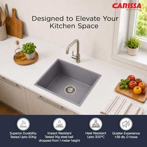 Image of Carissa By Carysil Titanium Quartz Kitchen Sink 18 x 16 x 8 inches, Single Bowl Granite Sink with 80% Quartz & 20% Resin, Heat Resistant 300C, 50kg Load Bearing, Stain Resistant - Silver Grey