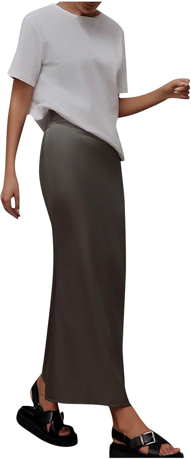 Womens Satin Skirt Silk A Line Swing Pleated Party Wedding Cocktail Skirts High Waist Bodycon Long Maxi Skirt