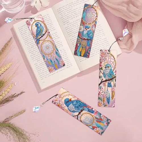 Image of 4 Pcs DIY 5D Diamond Painting Bookmark Kits for Adults, Acrylic Crystal Rhinestones Book Marks, Dreamcatcher Bluebird Diamond Art Bookmarks with Crystal Pendant, Handmade Tassel Bookmarks Gift Set